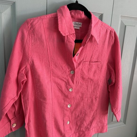 Toofan Womens Linen Pink Button Up Blouse 3/4 Sleeve Small Collared - Picture 2 of 11